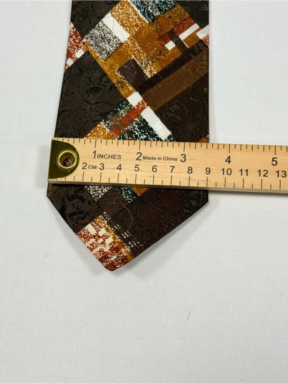 Vintage 70s Florence Silk Abstract Geometric Brown Gold‎ Silk Necktie